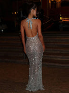 Sexy Halter Neck Lace-up Sparkly Sequins Silver Black Backless Party Dress