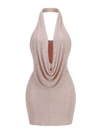 Sexy Halter Neck Low Cut Diamonds Mini Nude Party Dress