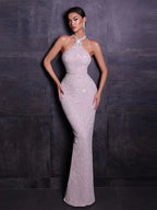 Sexy Halter Neck Shiny Diamonds Bow Maxi Dress Backless Party Dress