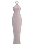 Sexy Halter Neck Shiny Diamonds Bow Maxi Dress Backless Party Dress
