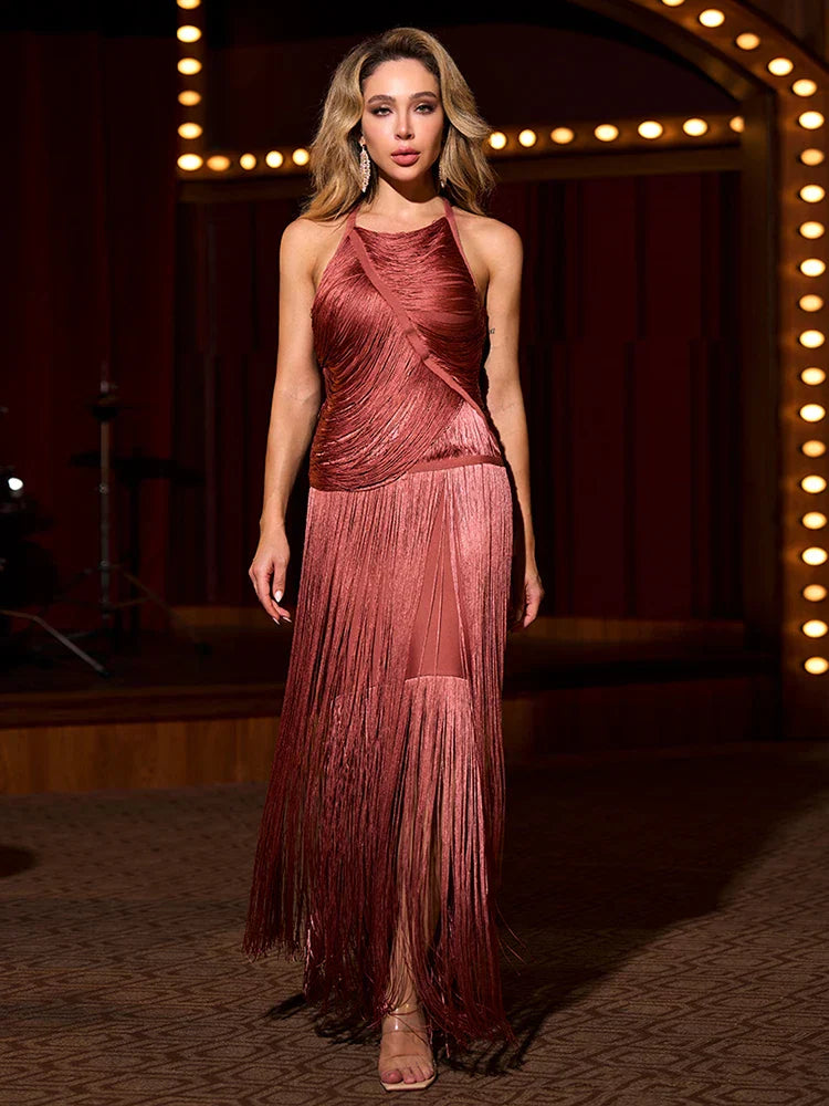 Sexy Halter Sleeveless Tassel Patchwork Bandage Dress Backless Fringe Party Dress