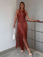 Sexy Halter Sleeveless Tassel Patchwork Bandage Dress Backless Fringe Party Dress
