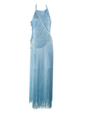 Sexy Halter Sleeveless Tassel Patchwork Bandage Dress Backless Fringe Party Dress