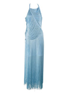 Sexy Halter Sleeveless Tassel Patchwork Bandage Dress Backless Fringe Party Dress