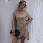 Sexy Irregular Hem Mini Bodycon Dress Long Sleeve O neck Spring Autumn Dress Leopard Short Dress