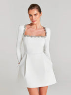 Sexy Long Sleeves Square Collar Crystal A-Line Slim Dress Elegant Party Dress