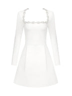 Sexy Long Sleeves Square Collar Crystal A-Line Slim Dress Elegant Party Dress