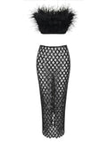 Sexy Luxury Sequins Feather Strapless Top Skirt Two Piece Set Party Dress