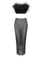 Sexy Luxury Sequins Feather Strapless Top Skirt Two Piece Set Party Dress