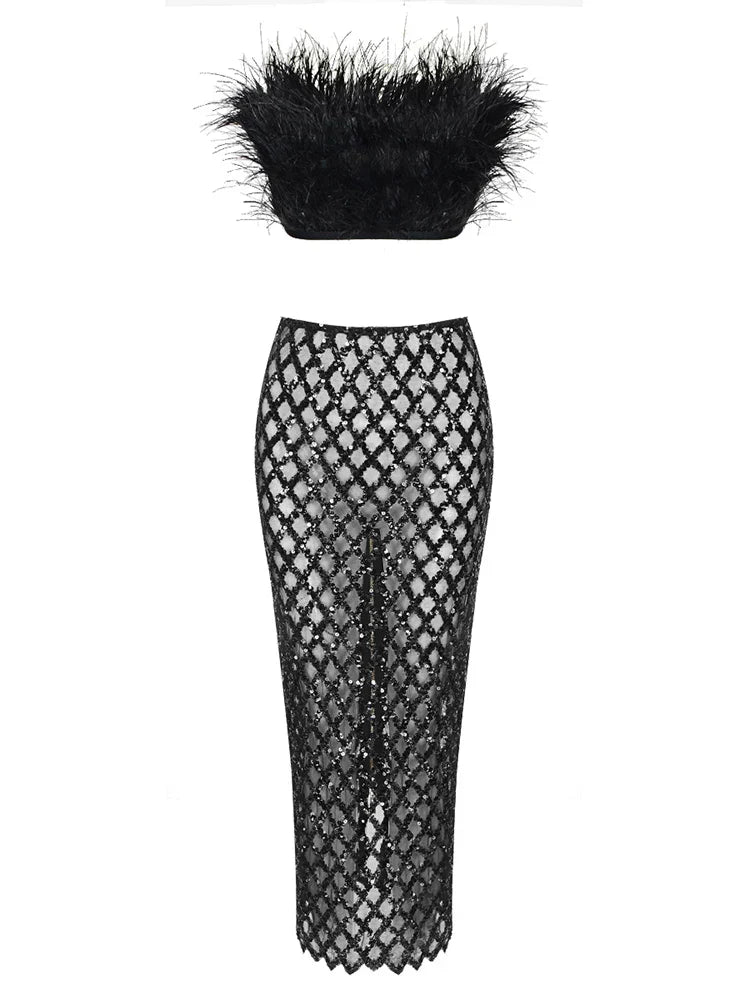 Sexy Luxury Sequins Feather Strapless Top Skirt Two Piece Set Party Dress