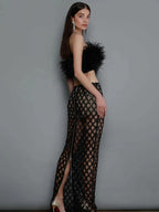 Sexy Luxury Sequins Feather Strapless Top Skirt Two Piece Set Party Dress