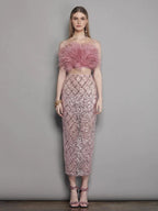 Sexy Luxury Sequins Feather Strapless Top Skirt Two Piece Set Party Dress