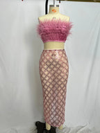 Sexy Luxury Sequins Feather Strapless Top Skirt Two Piece Set Party Dress