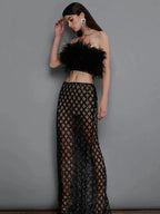 Sexy Luxury Sequins Feather Strapless Top Skirt Two Piece Set Party Dress