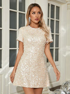 Sexy O Neck Short Sleeve Shiny Sequins Beaded Mini Elegant Party Dress
