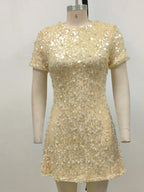 Sexy O Neck Short Sleeve Shiny Sequins Beaded Mini Elegant Party Dress