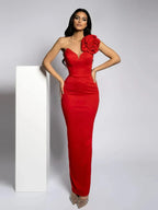 Sexy One Shoulder Diamonds Flower Patchwork Maxi Red Party Dress