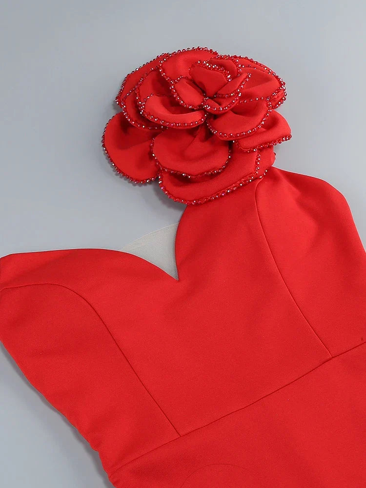 Sexy One Shoulder Diamonds Flower Patchwork Maxi Red Party Dress