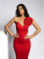 Sexy One Shoulder Diamonds Flower Patchwork Maxi Red Party Dress