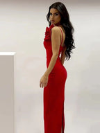 Sexy One Shoulder Diamonds Flower Patchwork Maxi Red Party Dress