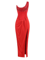 Sexy One Shoulder Embroidered Flares Slim Red Mesh Beaded Party Dress