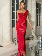 Sexy One Shoulder Embroidered Flares Slim Red Mesh Beaded Party Dress