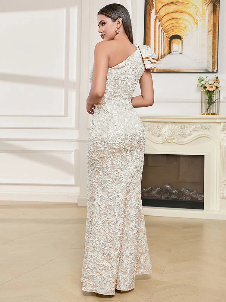 Sexy One Shoulder Flower Jacquard Long Sleeveless Folds Party Dress