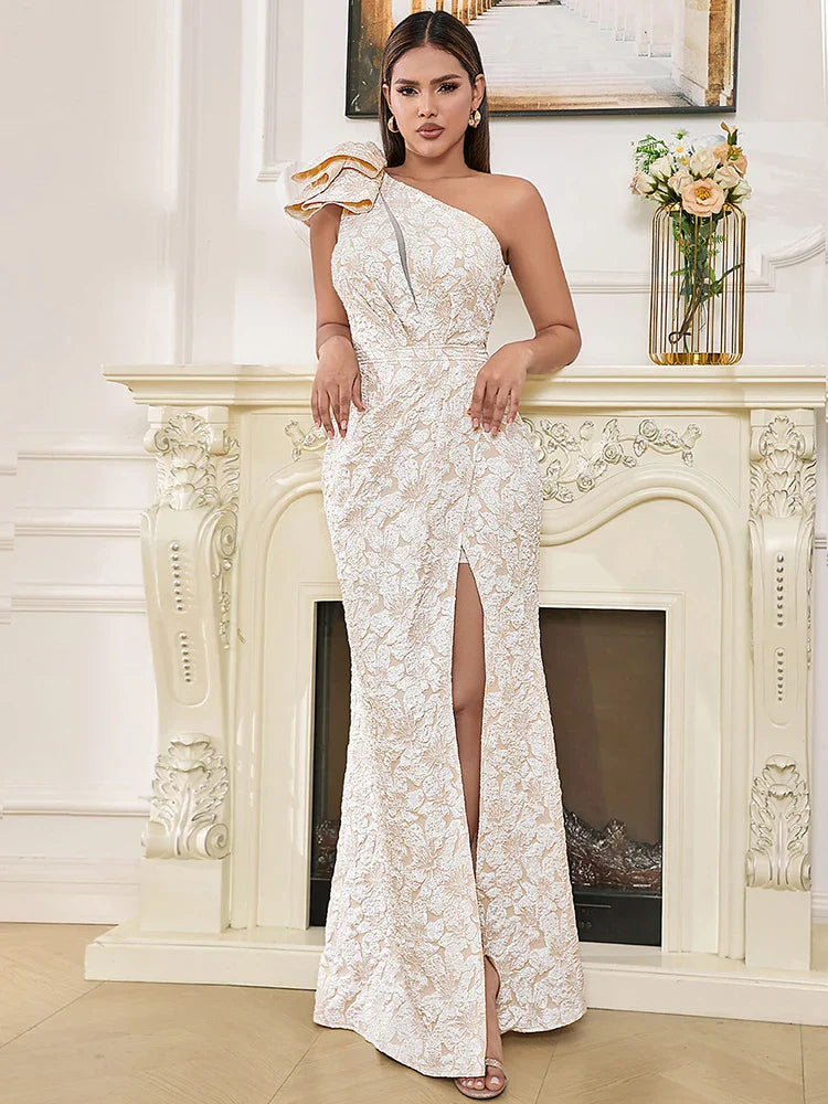Sexy One Shoulder Flower Jacquard Long Sleeveless Folds Party Dress