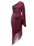 Sexy One Shoulder Tassel Design Diagonal Collar Asymmetric Fringe Party Dress