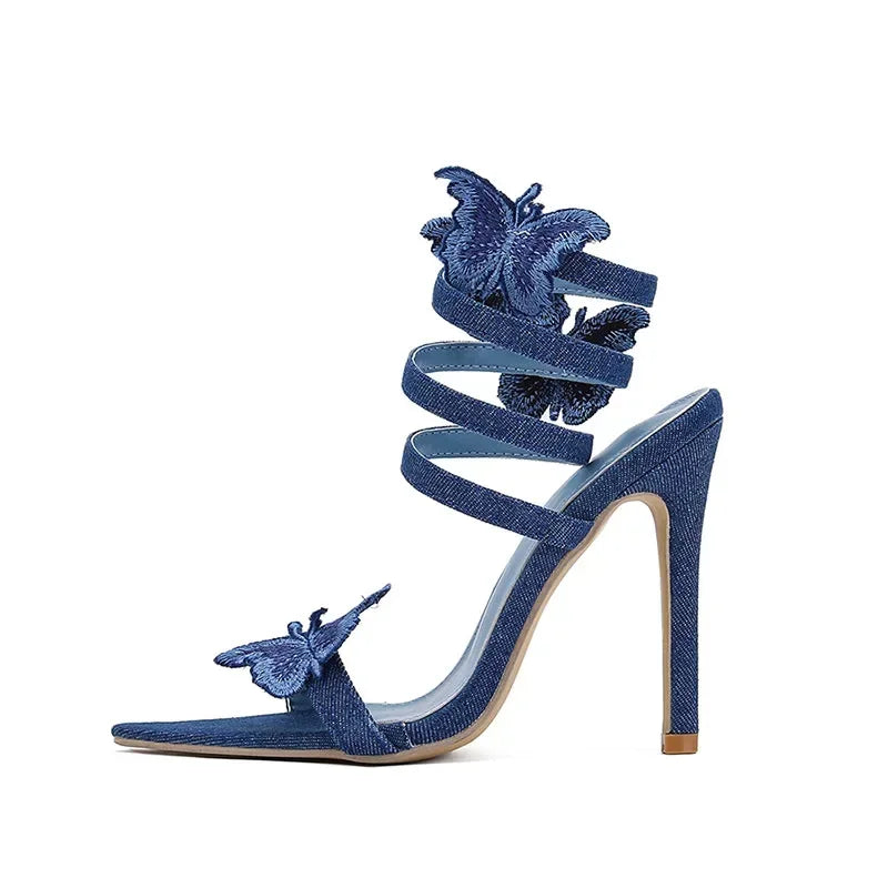Exquisite Peep Toe Pointed Head Embroidery Butterflyknot Wrapped Thin High Heel High Heel