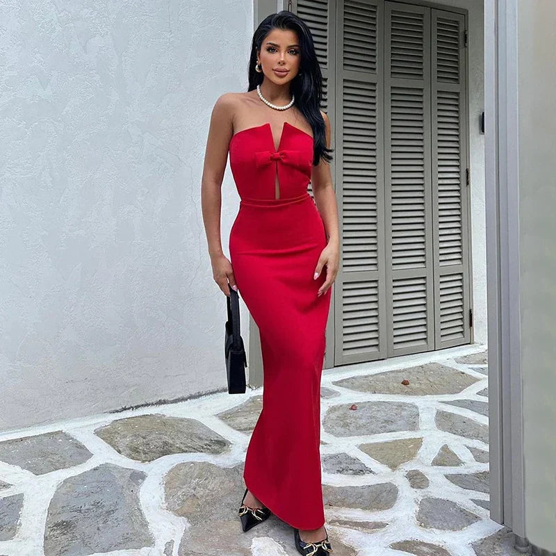 Sexy Strapless Slim Hollow Out Maxi Red Party Dress