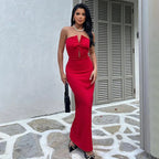 Sexy Strapless Slim Hollow Out Maxi Red Party Dress