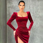 Sexy Red Velvet Elegant Midi Party Dress