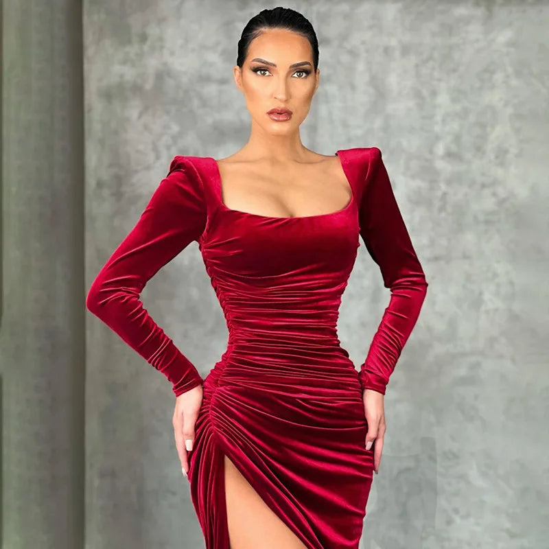 Sexy Red Velvet Elegant Midi Party Dress