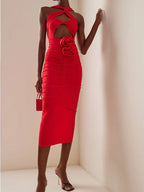 Sexy Sleeveless Flower Design Bodycon Midi Dress Cross Sling Cut Out Party Dress