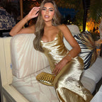 Gold Satin Spaghetti Strap Party Dress