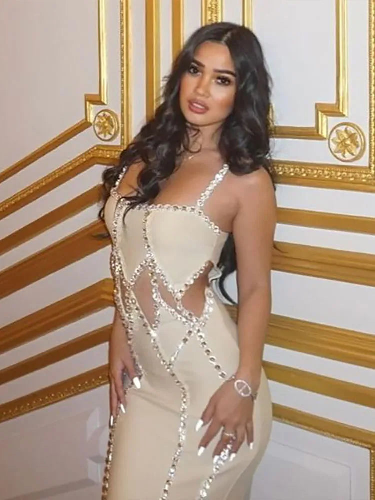 Sexy Spaghetti Strap Hollow Out Crystal Bandage Dress Sleeveless Party Dress