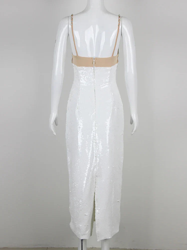 Sexy Spaghetti Strap Luxury Diamond Sequin Dress White Backless Midi Party Dress