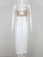 Sexy Spaghetti Strap Luxury Diamond Sequin Dress White Backless Midi Party Dress