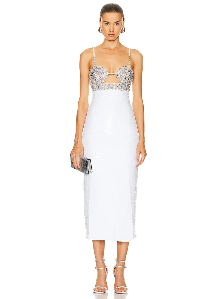 Sexy Spaghetti Strap Luxury Diamond Sequin Dress White Backless Midi Party Dress