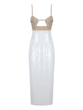 Sexy Spaghetti Strap Luxury Diamond Sequin Dress White Backless Midi Party Dress