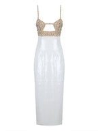 Sexy Spaghetti Strap Luxury Diamond Sequin Dress White Backless Midi Party Dress