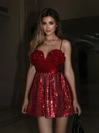 Sexy Spaghetti Strap Sequins Flower Mini A-Line Backless Party Dress