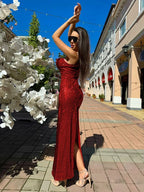 Sexy Spaghetti Straps Glitter Sequins Maxi Red Cocktail Party Dress