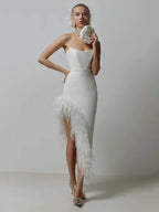 Sexy Strapless Feathers Midi Bandage Black White Backless Party Dress