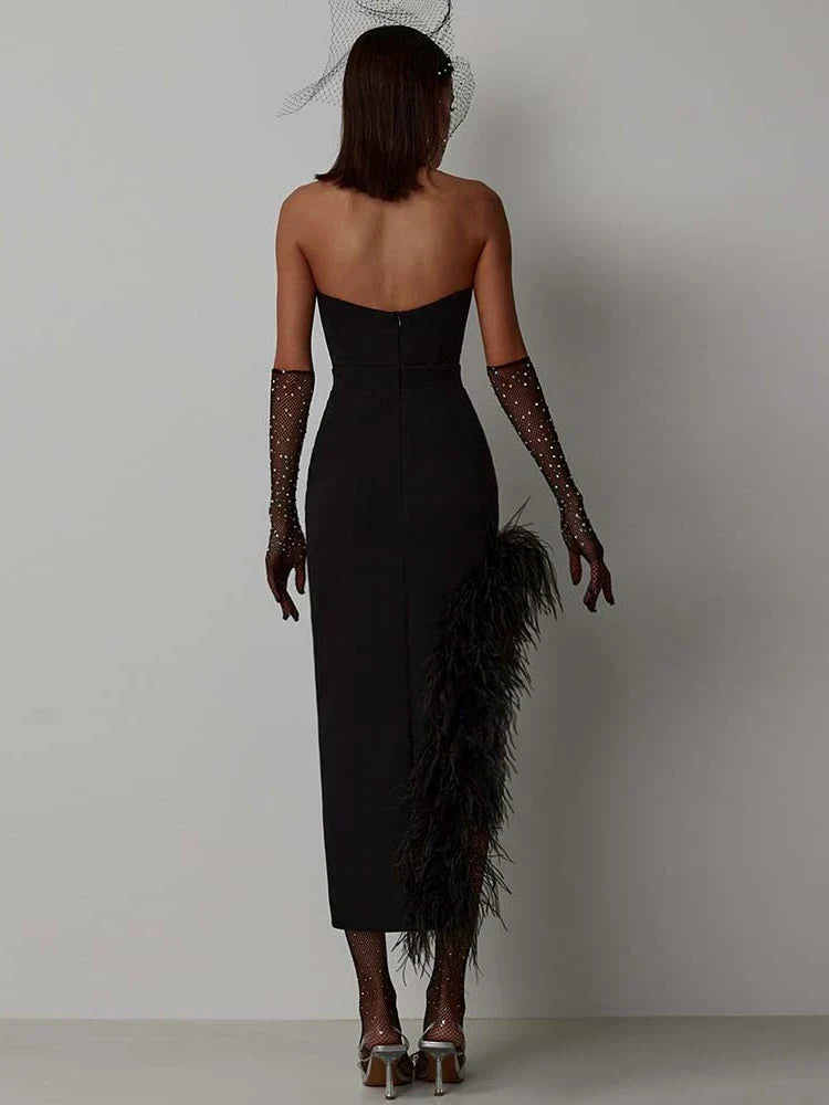 Sexy Strapless Feathers Midi Bandage Black White Backless Party Dress