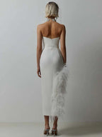 Sexy Strapless Feathers Midi Bandage Black White Backless Party Dress