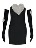 Sexy Strapless Heart Diamonds Bandage Gloves Black Backless Bodycon Party Dress