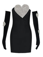 Sexy Strapless Heart Diamonds Bandage Gloves Black Backless Bodycon Party Dress