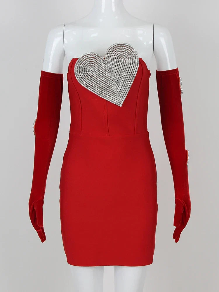 Sexy Strapless Heart Diamonds Bandage Gloves Black Backless Bodycon Party Dress